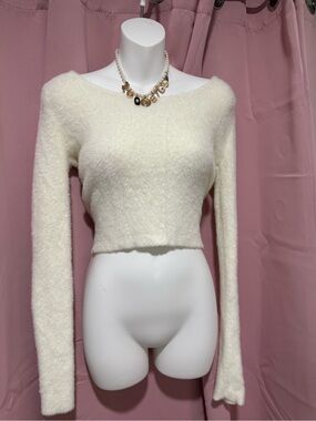 Aeropostale Cream Off-the-Shoulder Fuzzy Cropped Sweater